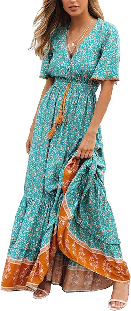 R.Vivimos Womens Summer Cotton Short Sleeve V Neck Floral Print Casual Bohemian Midi Dresses | Amazon (US)