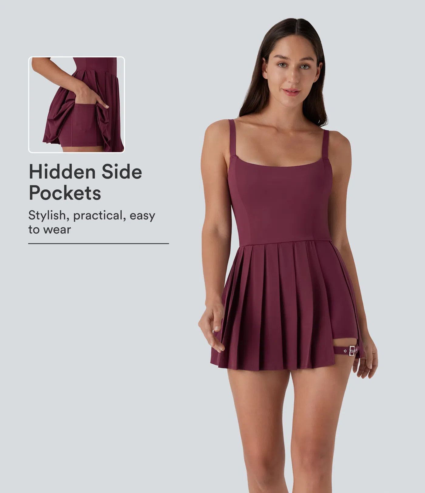 Breezeful™ Pleated Adjustable Buckle 2-in-1 Pocket Micro Mini Quick Dry Casual Slip Dress | HALARA