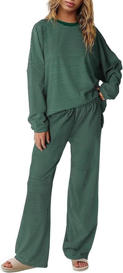 Panadila Womens 2 Piece Lounge Sets Striped Long Sleeve Pajama Set Oversized Tshirts Wide Leg Pan... | Amazon (US)