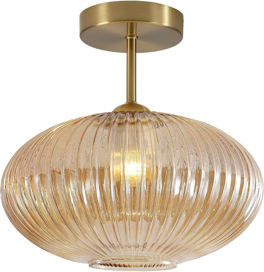 BOKT Vintage Brushed Brass Semi Flush Mount Ceiling Light Amber Ribbed Glass Pendant Light Mid Ce... | Amazon (US)