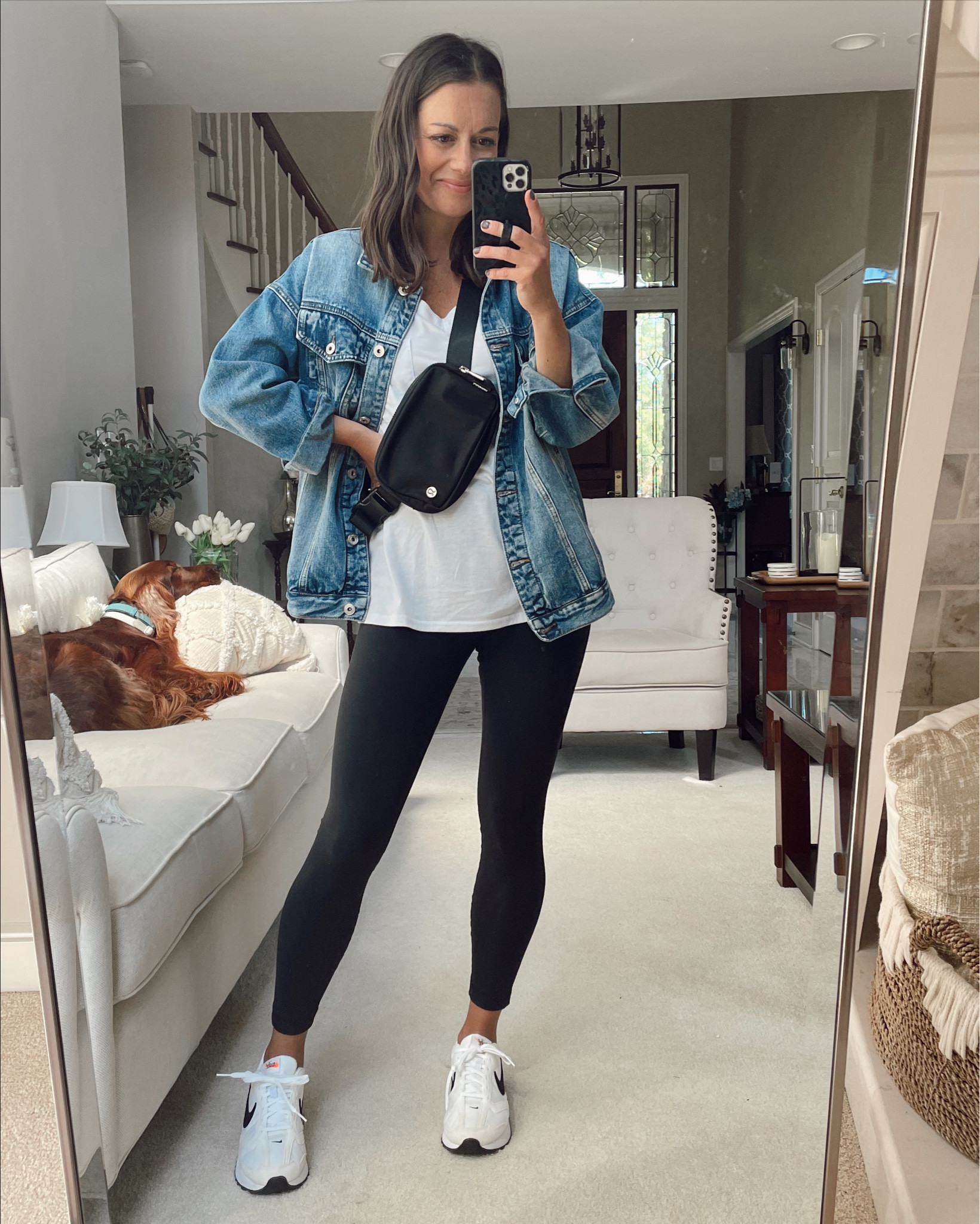 Leggings outfit - fall outfits - oversized denim jacket (true to size wearing a small), black leggings (true to size wearing a small), white tee (true to size wearing a small), Nike sneakers (true to size) lululemon belt bag 

#LTKunder50 #LTKstyletip #LTKSeasonal