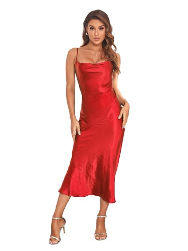 Women's Spaghetti Strap Midi Satin Silk Dresses Slip Cowl Neck Party Cocktail Evening Sexy Dress Red | Amazon (US)