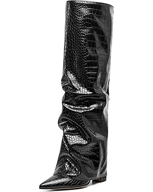 SaraIris Women's Slouchy Knee High Boots - Black, Pointed Toe, Fold Over, Chunky, Shark Boots | Amazon (US)