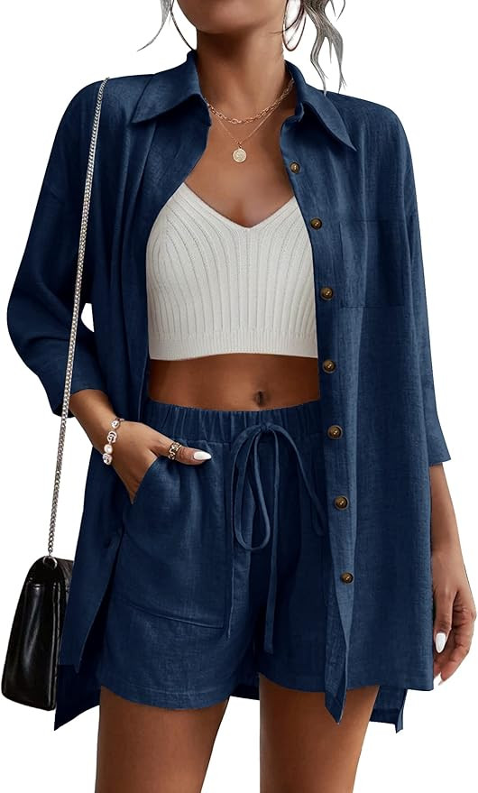 Beyove Women's Cotton Linen Set Casual Tracksuit Button Down 3/4 Sleeve Shirt Drawstring Shorts P... | Amazon (US)