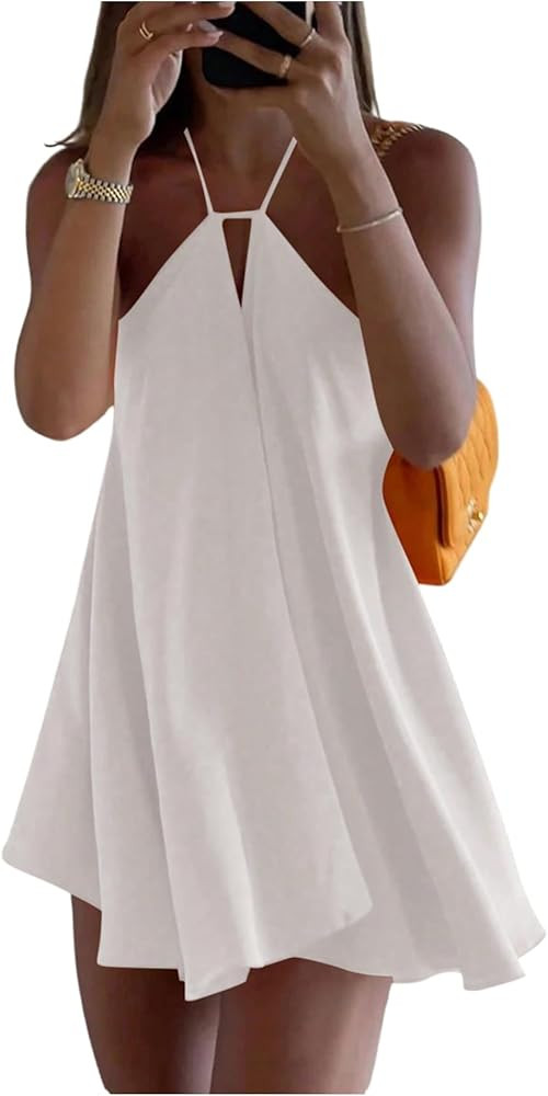 SOLY HUX Women's Mini Dress Halter Neck Sleeveless Tie Backless Swing Flowy Beach Dresses Summer ... | Amazon (US)