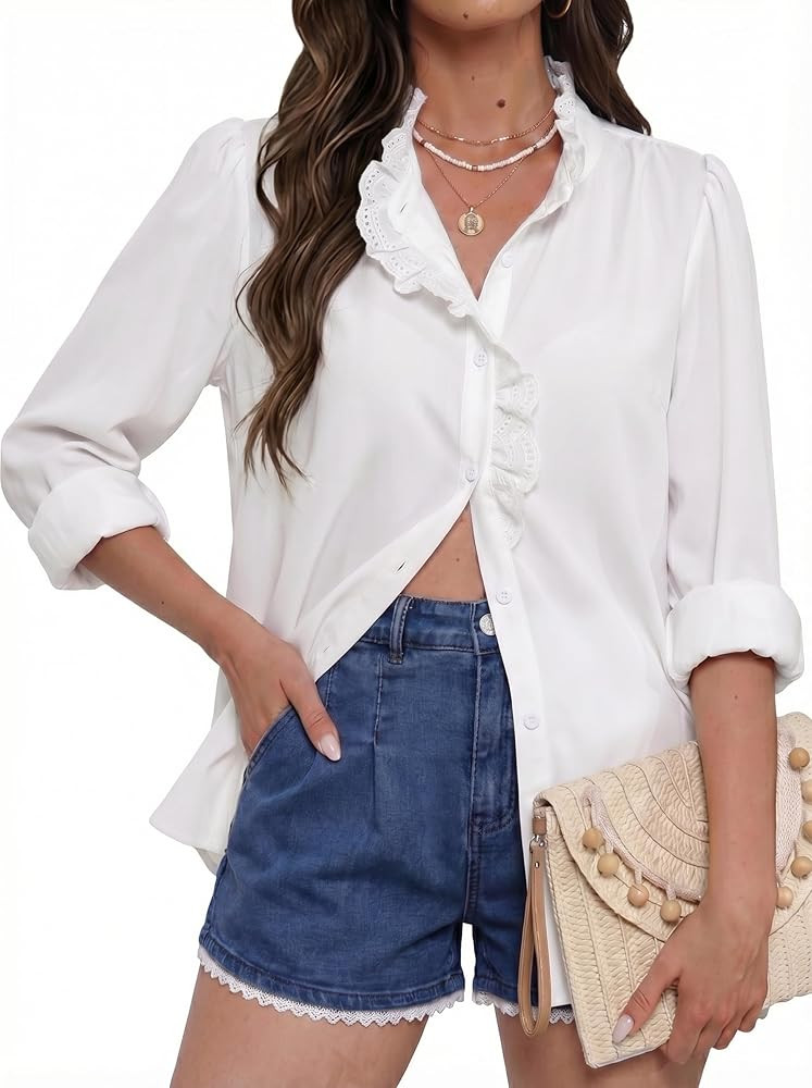 Dokotoo Blouses for Women Dressy Casual Ruffle Lace Collared Long Sleeve Button Down Shirts Busin... | Amazon (US)