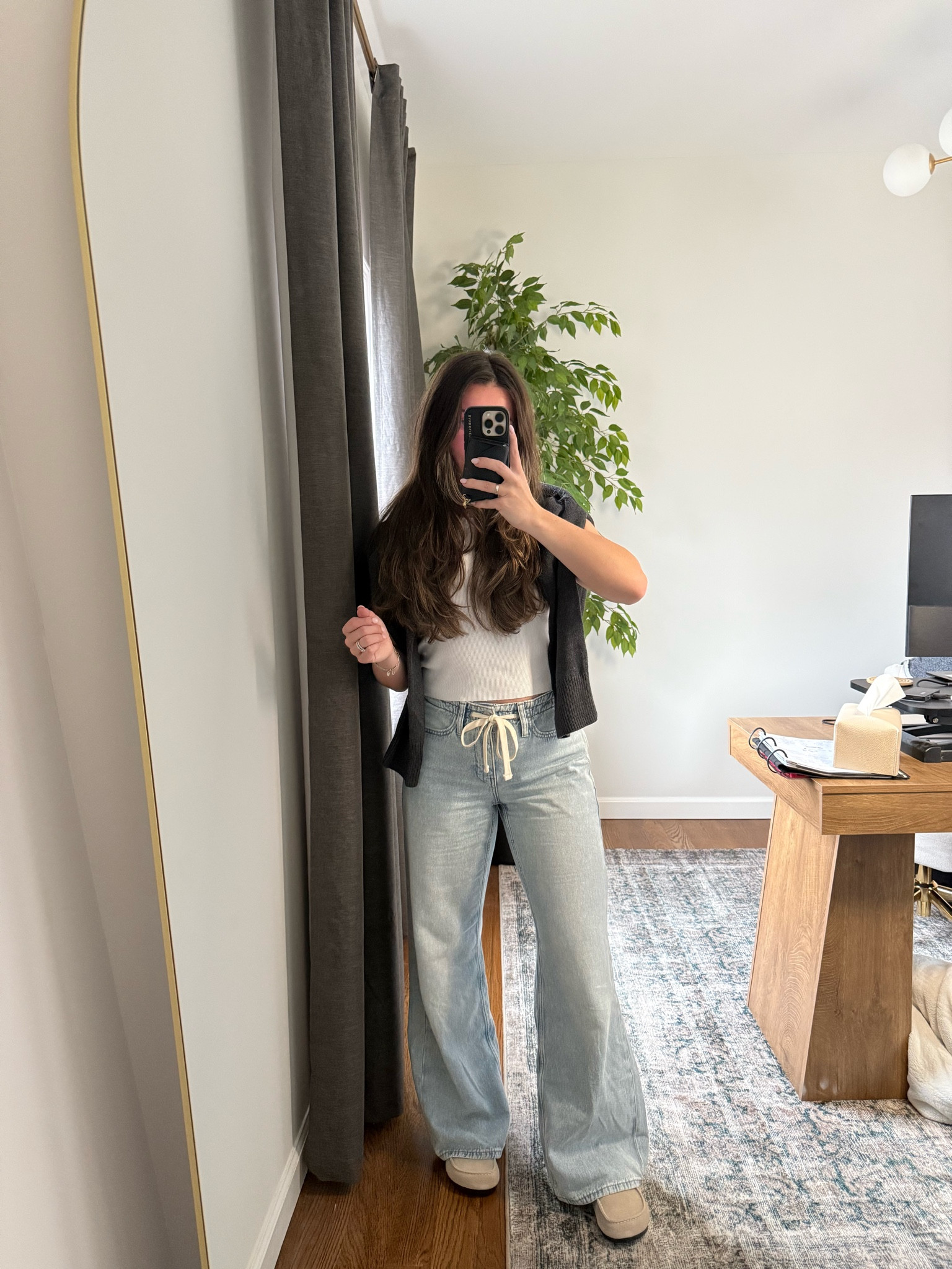 Casual outfit. Obsessed with the fit of these tie waist jeans. Size 28 regular length. Waist is a little big but wanted an oversized fit. The tie actually works to tighten the jeans too so can adjust 

#LTKootd #LTKSeasonal #LTKmomlife