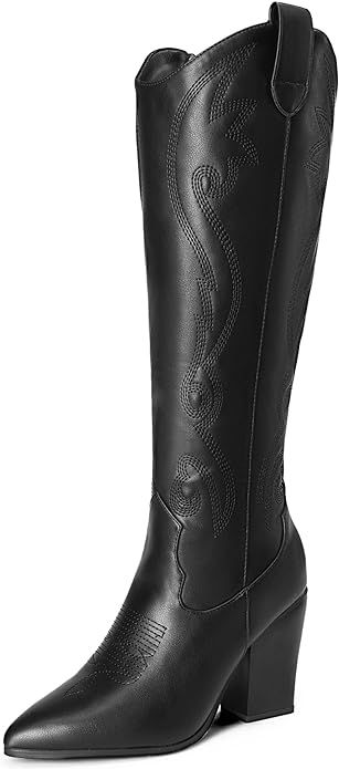 DREAM PAIRS Cowboy Boots For Women, Comfortable Pull On Zipper Chunky Heel Pointed Toe Embroidere... | Amazon (US)