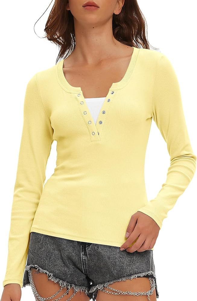 Beaully Womens Long Sleeve Shirts V Neck Henley Tops Slim Fit Basic Going Out Tshirts Fall Fashio... | Amazon (US)