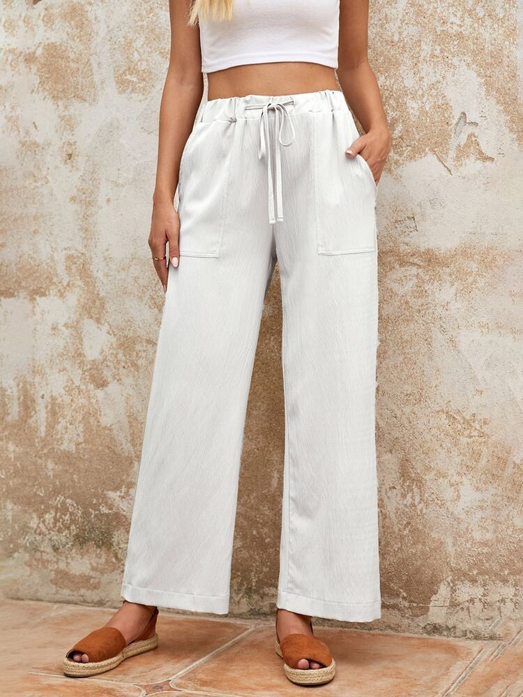 DOKOTOO Drawstring Waist Slant Pocket Straight Leg Pants | SHEIN