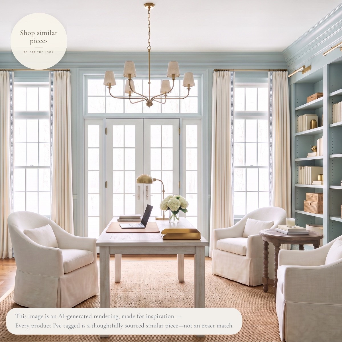 An office that feels a whole lot less like an office. 🤍

Soft blue built-ins, white slipcovered seating, warm brass, and natural texture make this space feel just as inviting for reading or having a cup of coffee as it does for actually getting some work done.

I especially love the dining table used as a desk—it gives you plenty of room to spread out while keeping the space feeling more like a beautifully furnished room than a traditional home office.

Shop thoughtfully sourced similar pieces to get the look at home.

AI-generated design concept for inspiration • Tagged products are thoughtfully sourced similar pieces, not exact matches • Affiliate links may be used. As an Amazon Associate, I earn from qualifying purchases.

#LTKHome