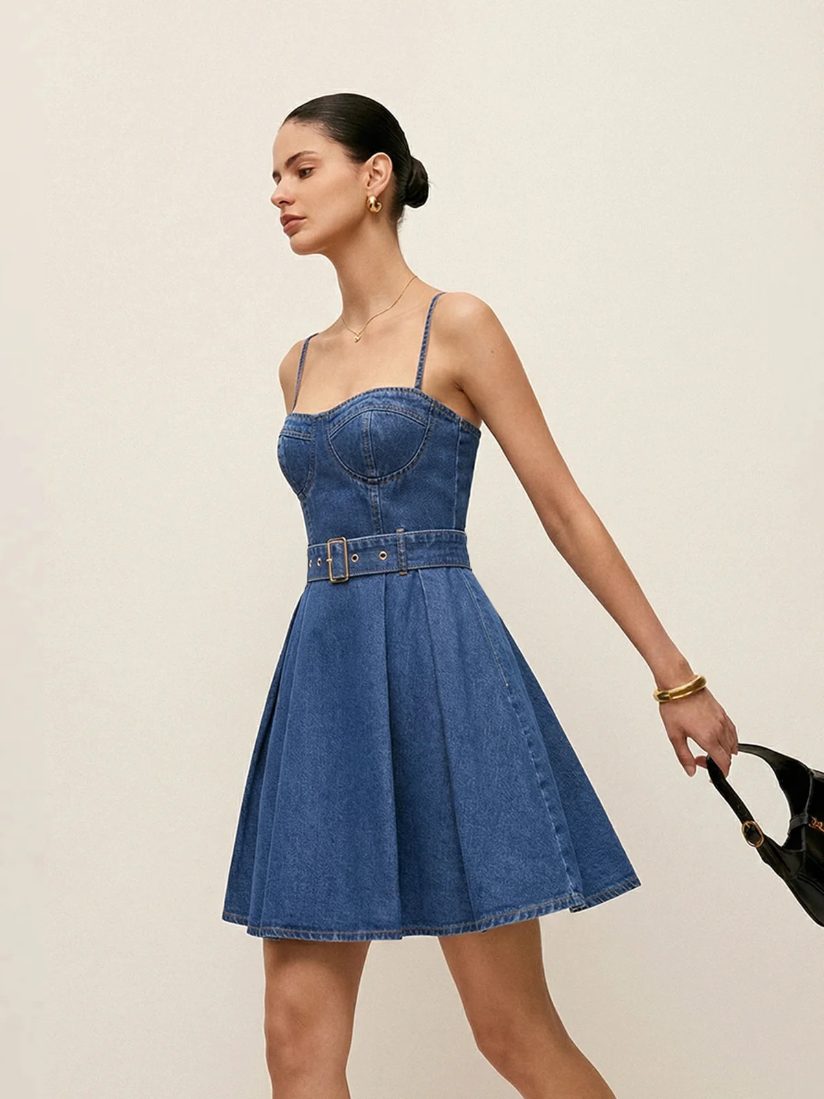 Belted Denim Cami Mini Dress | Commense