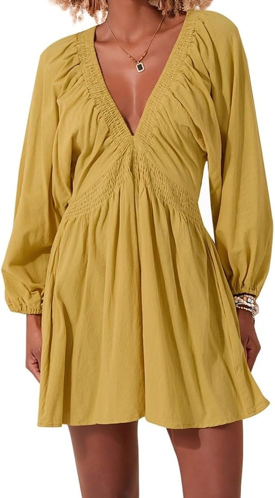 Women Boho Floral Short Dress Puff Sleeve Flowy Babydoll Dress V Neck Smocked Shirt Dresses Bohem... | Amazon (US)