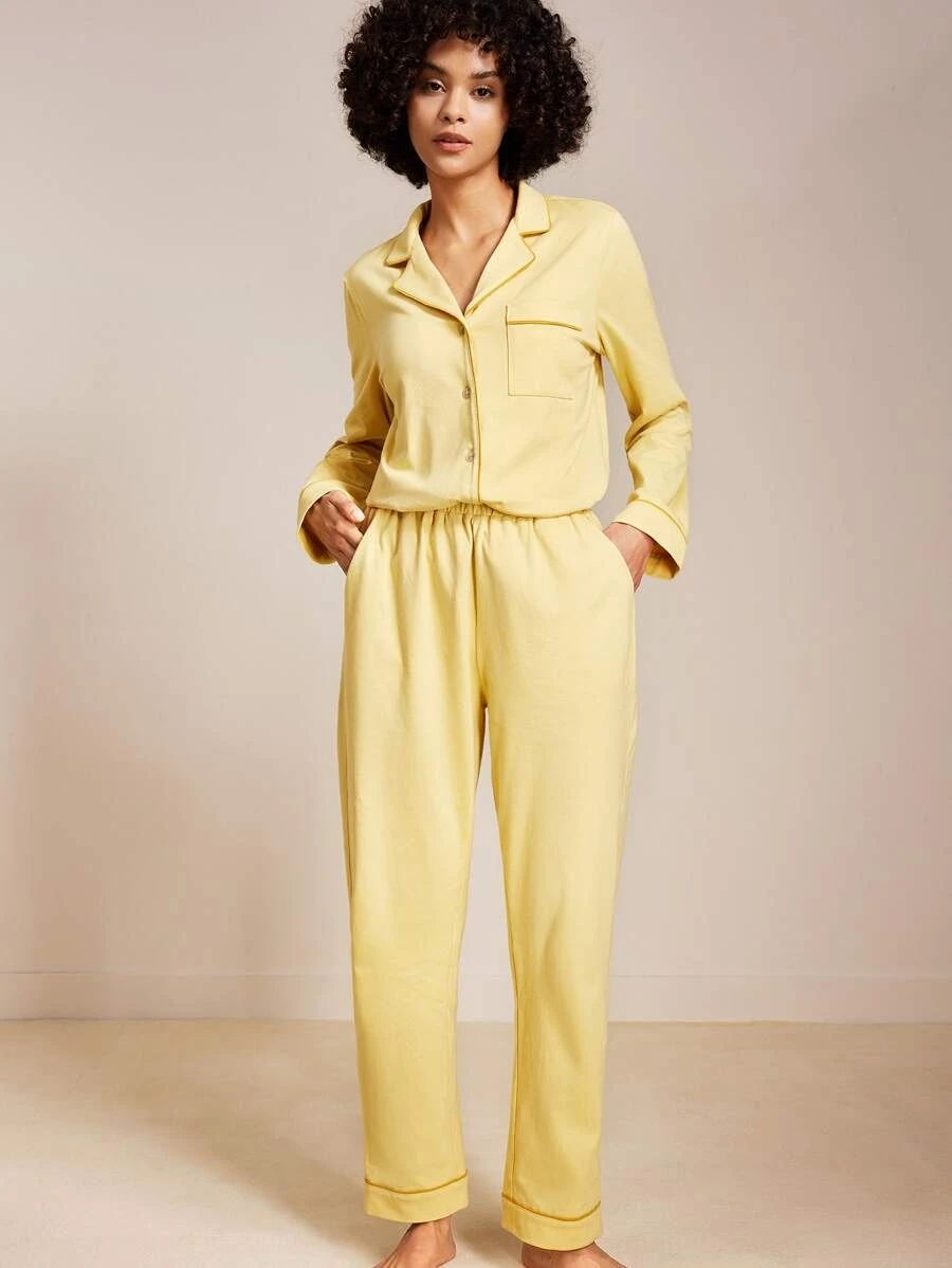 Luvlette Contrast Piping Patch Pocket PJ Set | SHEIN