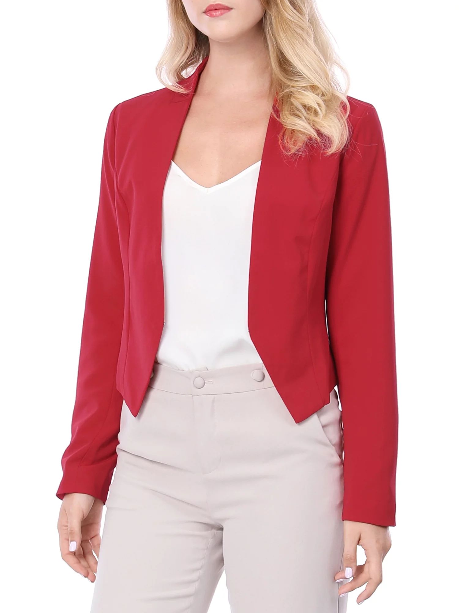 Unique Bargains Women's Work Office Business Fashion Collarless Cropped Blazer L Red | Walmart (US)