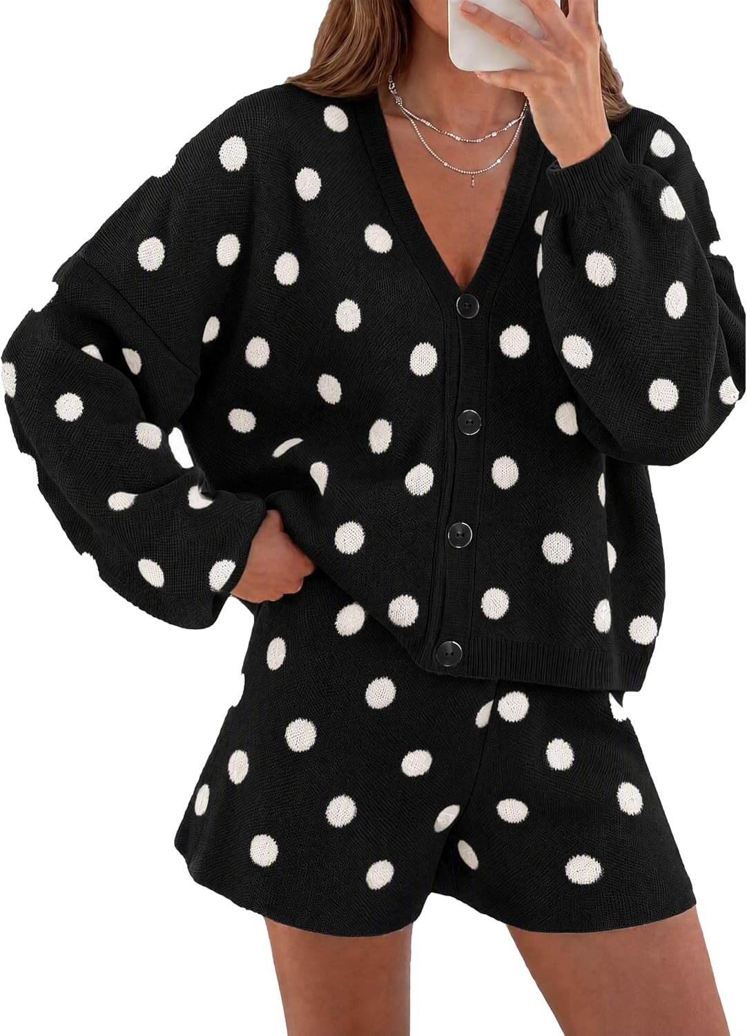 Tankaneo Womens 2 Piece Outfits Polka Dot Shorts Sets Knit Cardigan Sweater | Amazon (US)