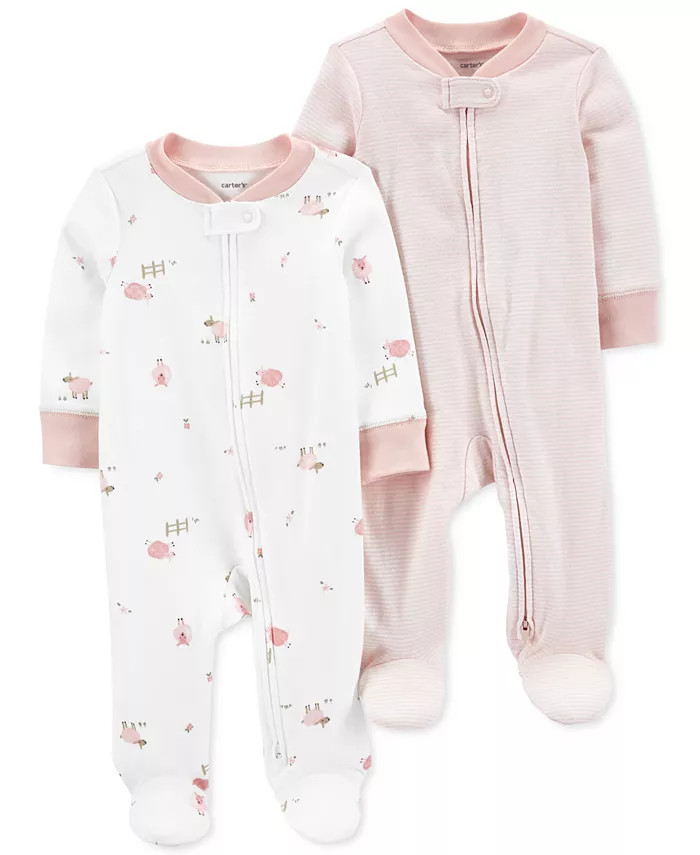 Baby Girls Cotton Two Way Zip Footed Coveralls, Pack of 2 | Macy's