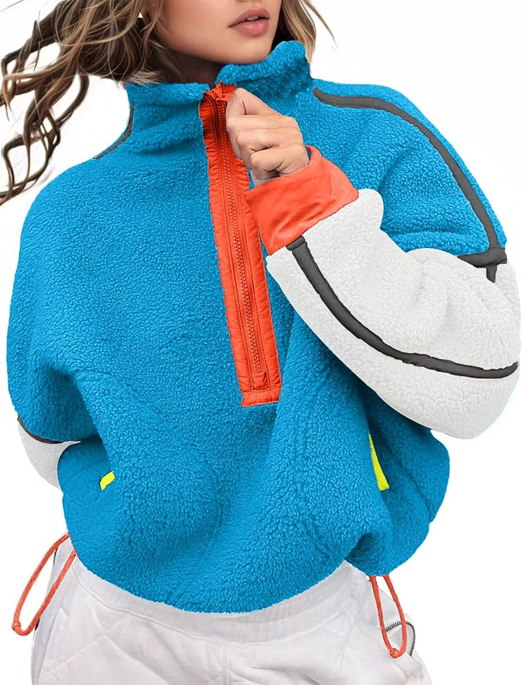 Women's Fleece Sweatshirts Half Zip Pullover Long Sleeve Oversized Workout Crop Tops Hoodie with ... | Amazon (US)