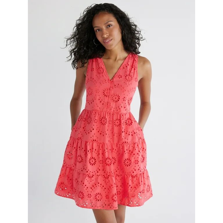 Time and Tru Women's Cotton Blend Tiered Eyelet Dress, Sizes XS-XXXL - Walmart.com | Walmart (US)