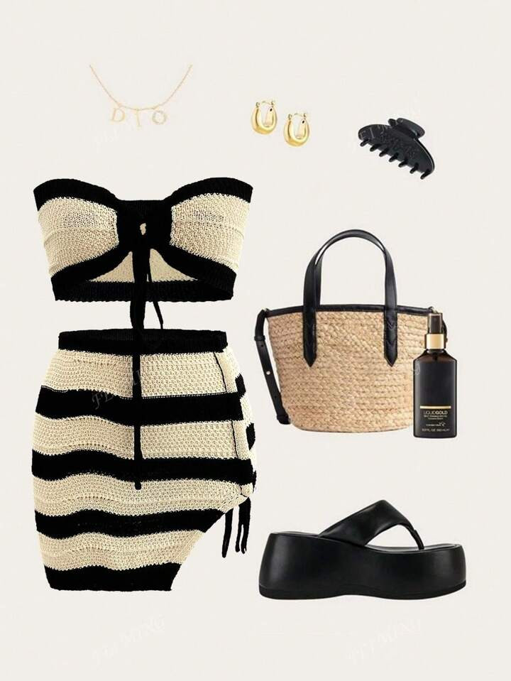 Boho Western Women 2 Pieces Set: Striped Contrast Tie-Front Bandeau Top + Striped Tie-Front Sexy Beach Mini Skirt | SHEIN