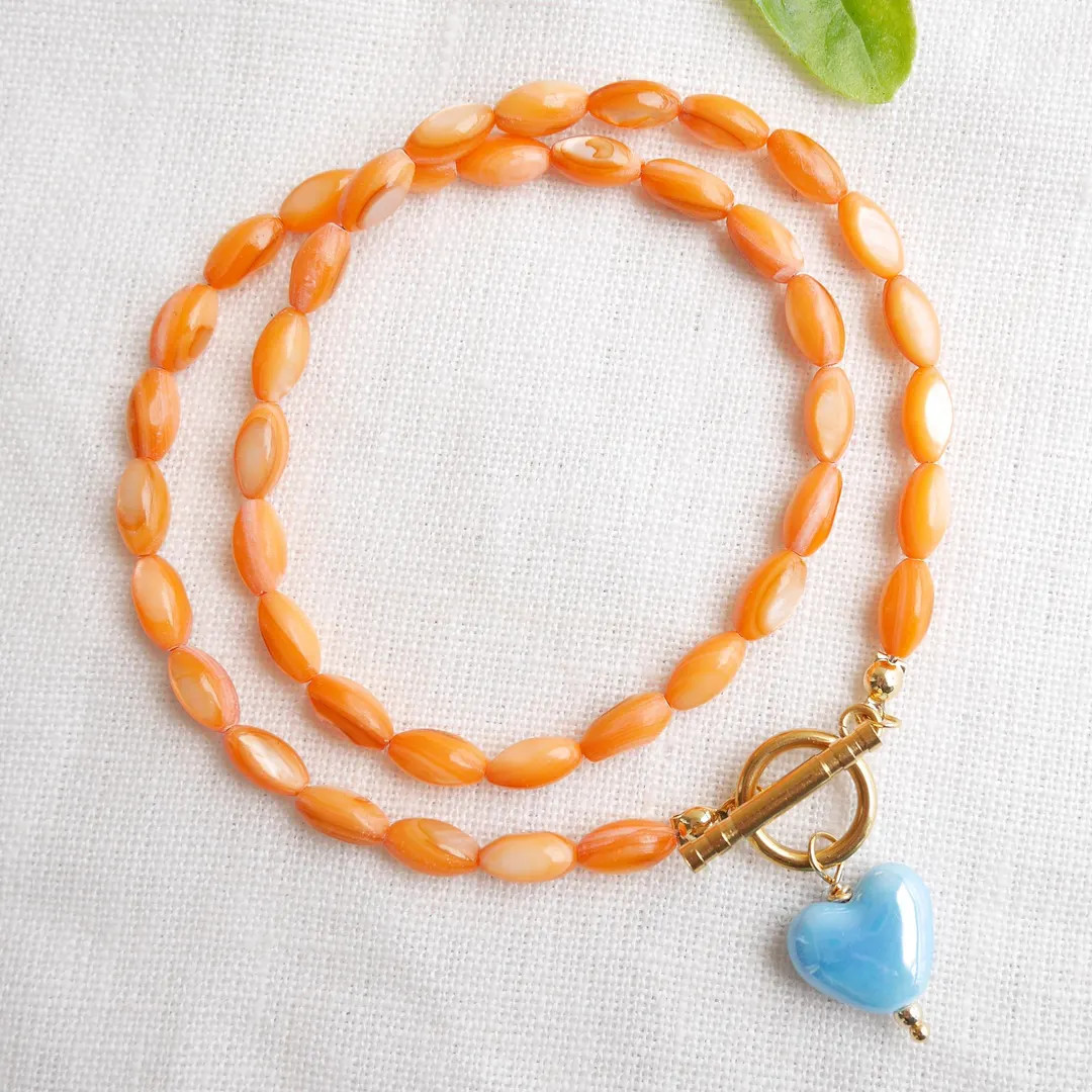 Orange Beaded Necklace - Blue Porcelain Heart Charm, Toggle Clasp - Etsy | Etsy (Global)