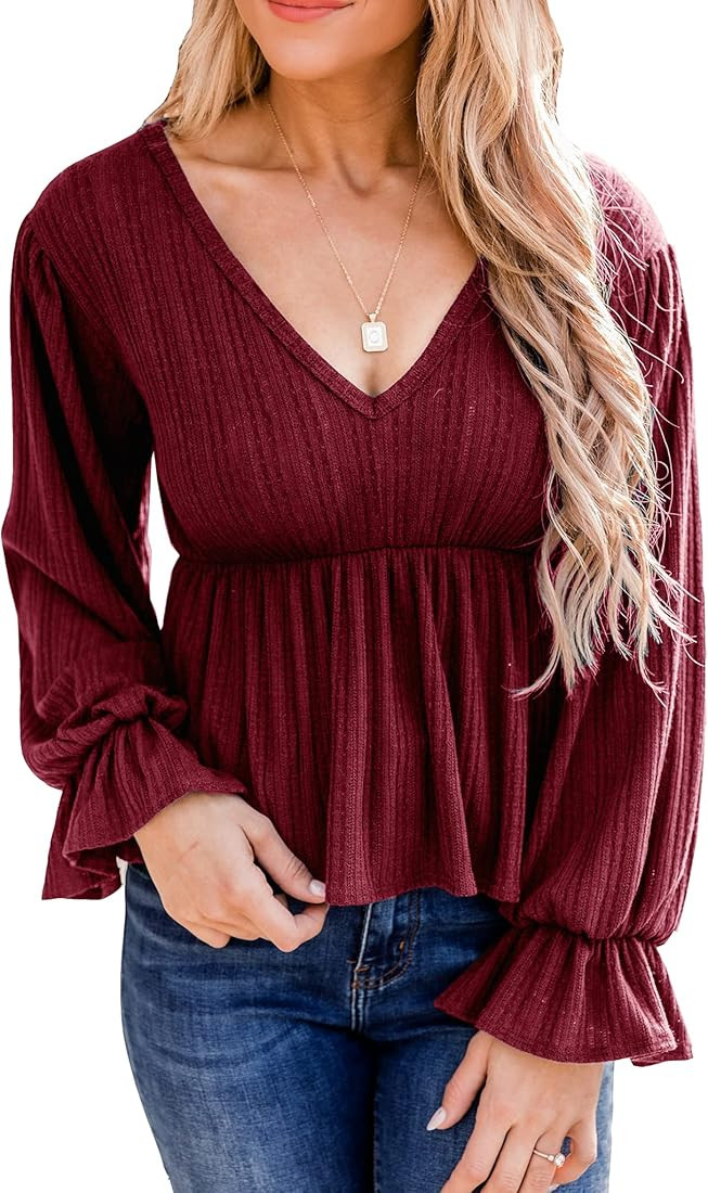 Deerose Women's Puff Sleeve Ruffle Hem Peplum Top | Amazon (US)