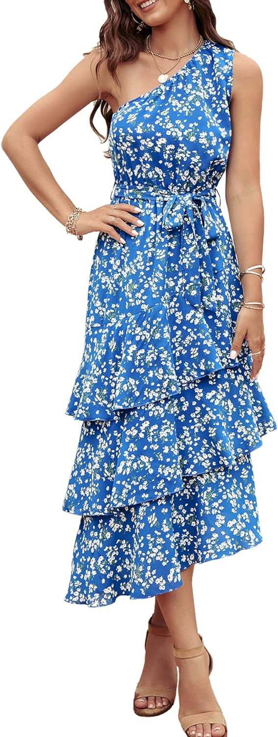 PRETTYGARDEN Women's Summer Floral Sundress Casual One Shoulder Tiered Ruffle Flowy Midi Beach Bo... | Amazon (US)