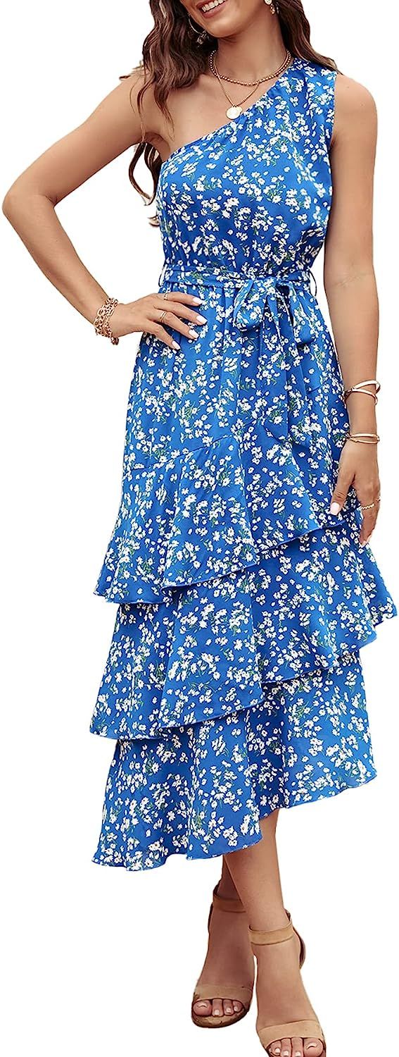 PRETTYGARDEN Women's Summer Floral Sundress Casual One Shoulder Tiered Ruffle Flowy Midi Beach Bo... | Amazon (US)