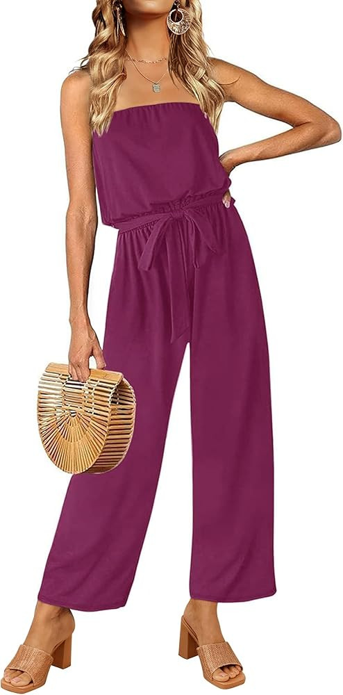 ZESICA Women's Casual Off Shoulder Solid Color Strapless Belted Wide Leg Jumpsuit Romper | Amazon (US)