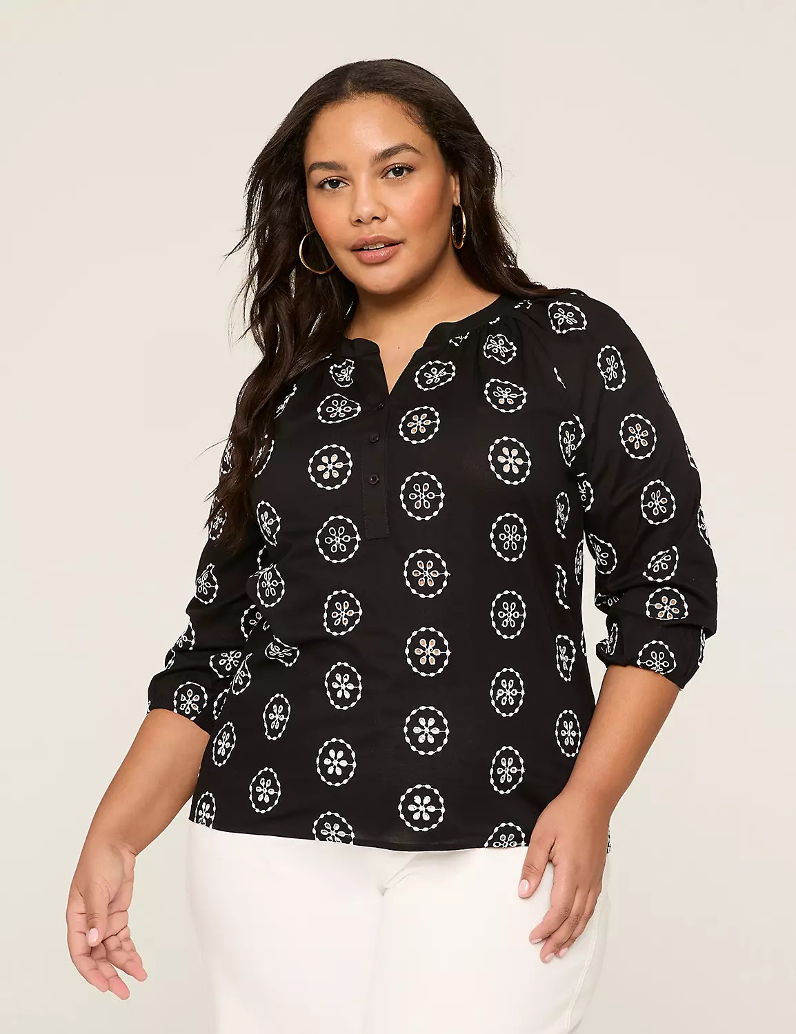 Embroidered 3/4-Sleeve Split-Neck Popover Blouse | Lane Bryant (US)