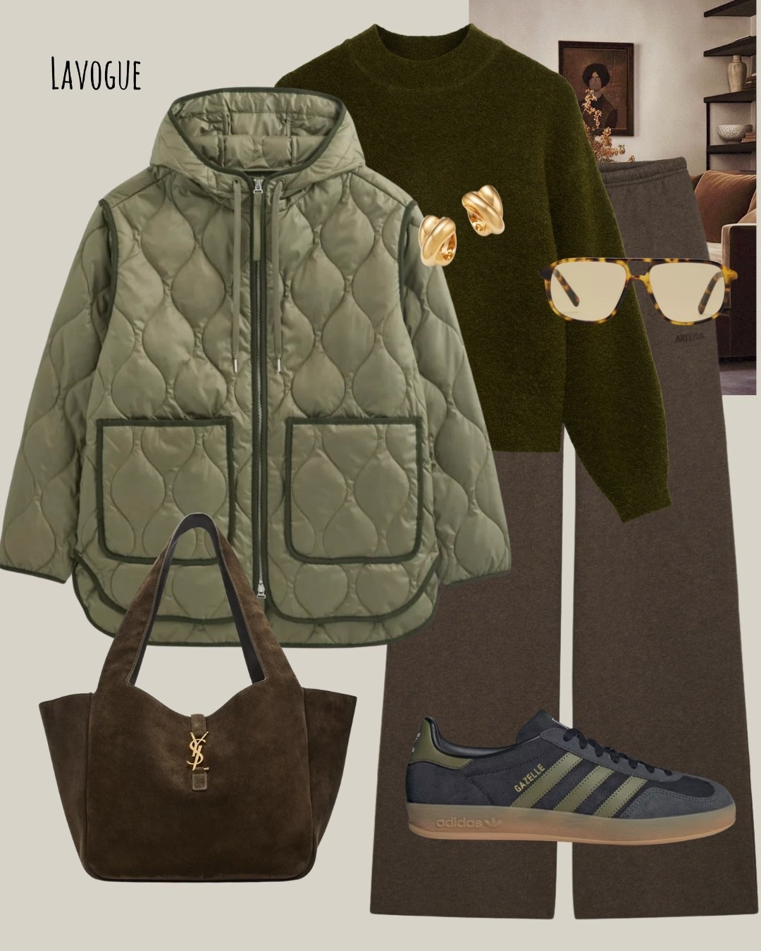 Laid-back layers with a functional edge. A green quilted liner jacket brings lightweight warmth over a funnel neck sweater and brown joggers for a cozy, off-duty vibe. Styled with Adidas sneakers and a brown suede bag to balance sporty and soft textures.
An easy, everyday look built for comfort and style.

#LTKfall #casuallayers #quiltedliner #offdutystyle #fallneutrals #LTKunderstated #sportychic

#LTKTravel #LTKWorkwear #LTKSeasonal