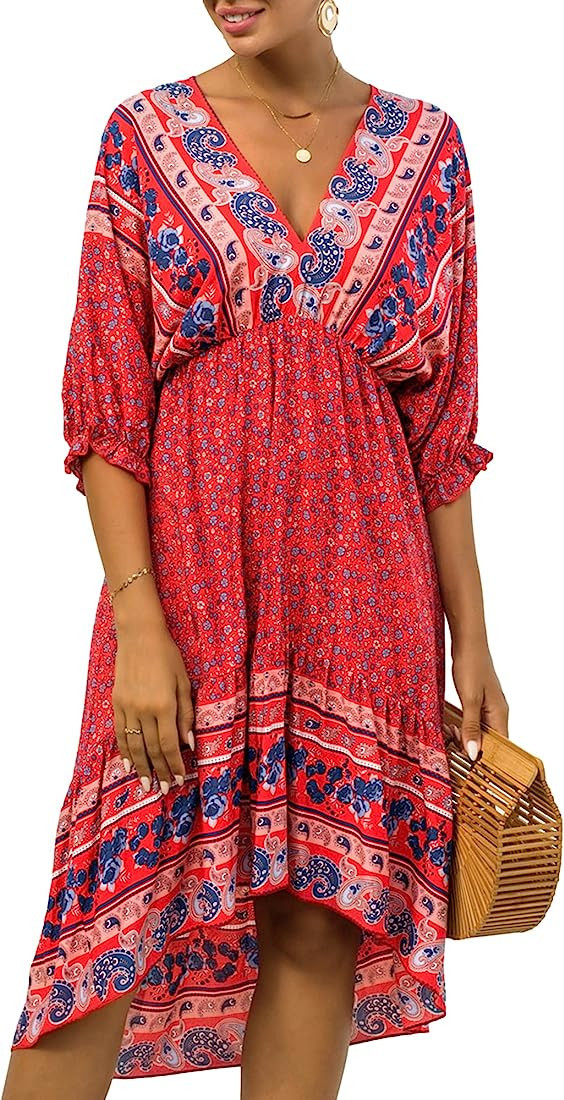 Ever-Pretty Women's Summer Casual Ruffle Short Sleeve Floral Midi Beach Dress 40404 | Amazon (US)