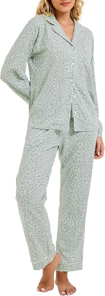 LUBOT 100% Cotton Pajamas for Women PJ Set Soft 2 Piece Ladies Button Knit Long Short Sleeve Slee... | Amazon (US)