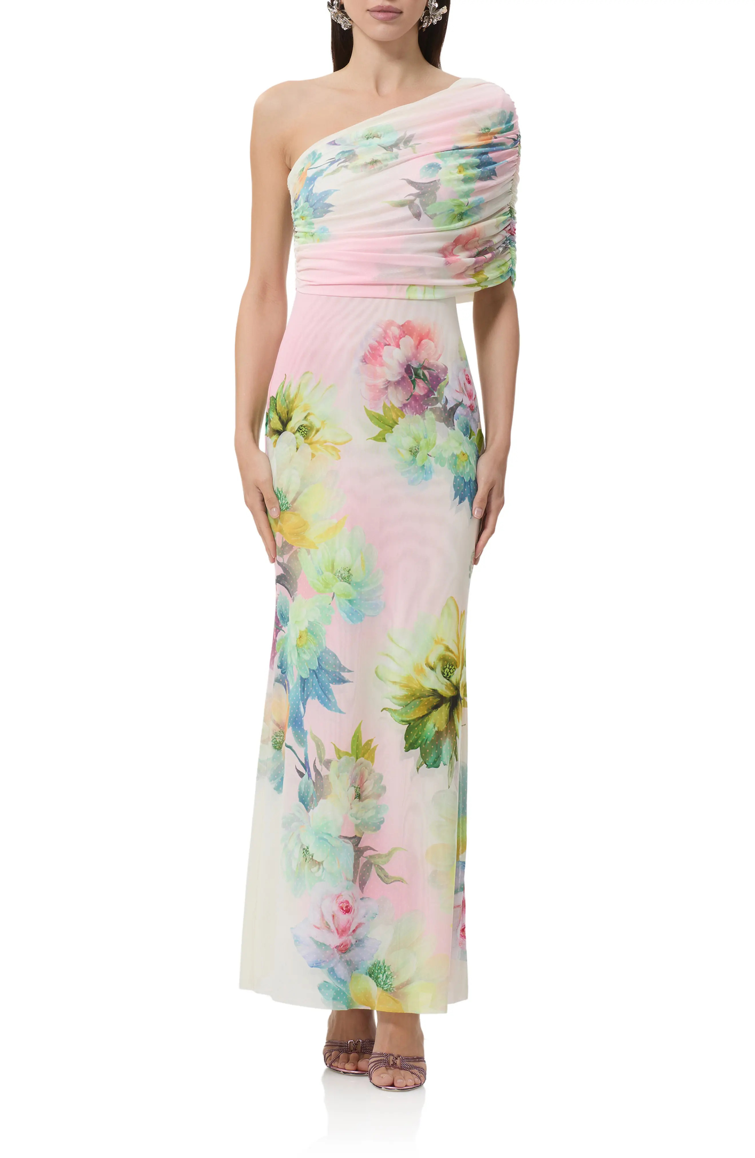 AFRM Mirabel One-Shoulder Mesh Maxi Dress in Growing Roses at Nordstrom, Size X-Small | Nordstrom
