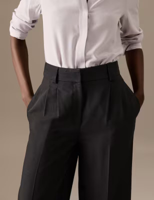 Pleat Front Wide Leg Trousers with Wool | Autograph | M&S | Marks & Spencer (UK)