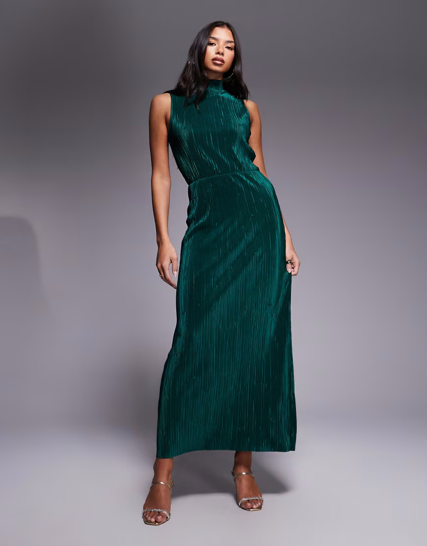 ASOS DESIGN high neck plissé maxi dress-Green | ASOS (Global)