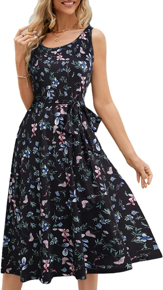 Women's Elegant Round Neck Sleeveless Casual Midi A-Line Swing Dress with Pockets | Amazon (US)