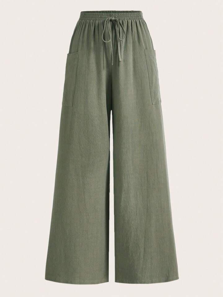 SHEIN EZwear Solid Knot Waist Wide Leg Pants | SHEIN