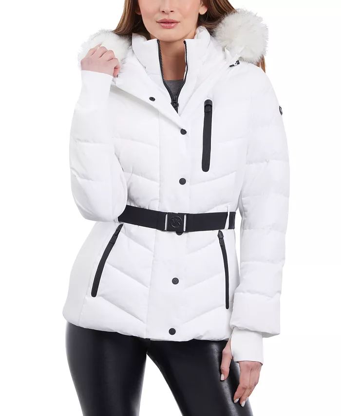 Women's Belted Faux-Fur-Trim Hooded Puffer Coat | Macy's
