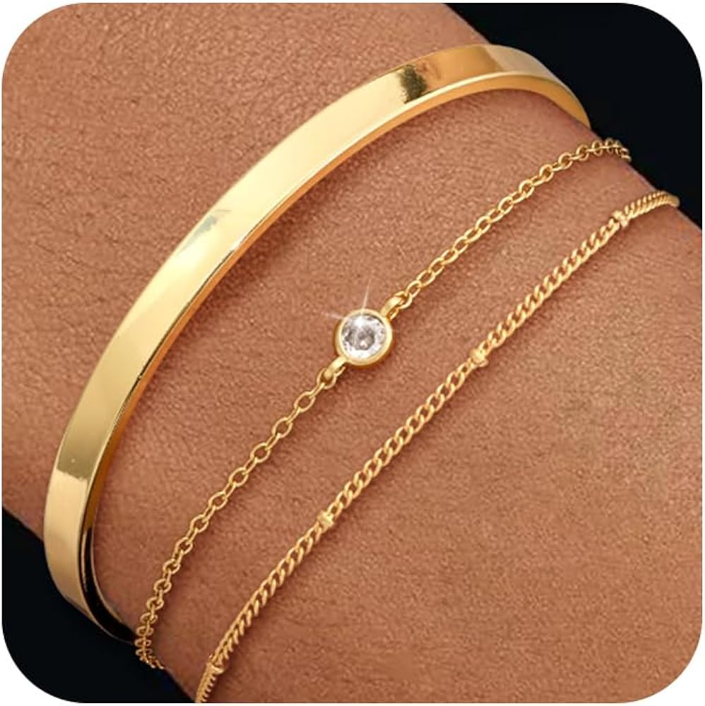 Gold Bracelets for Women Trendy, 14K Gold Cuff Bracelets for Women Stackable Tennis Bracelets for... | Amazon (US)
