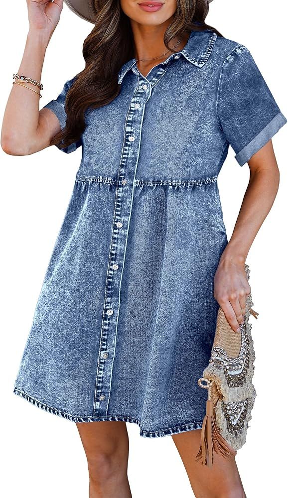 luvamia Women's Casual Short Sleeve Button Down Tiered Denim Babydoll Jean Dress | Amazon (US)