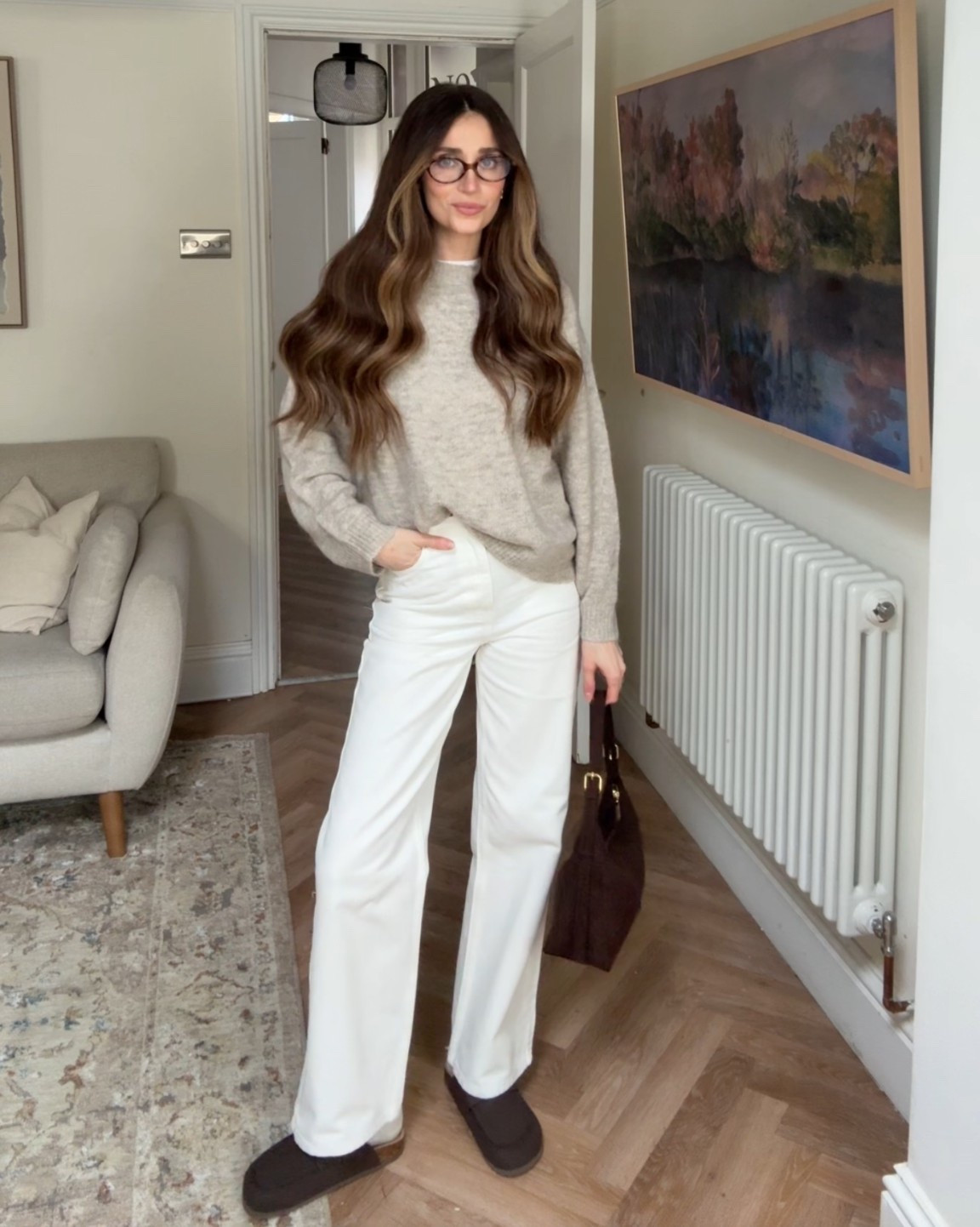 A simple elevated neutral outfit with chocolate brown accessories! White cream jeans from New Look, mink jumper from What The Brand ✨ A great transitional spring outfit ✨ 

#LTKeurope #LTKuk #LTKspring