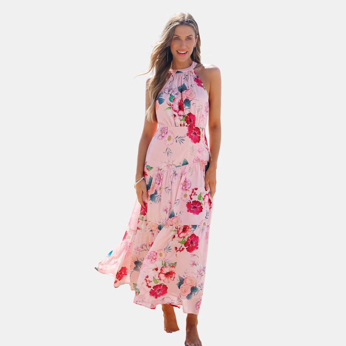 Women's Floral Halter Neck Tiered Ruffle Maxi Wedding Guest Dress -Cupshe | Target