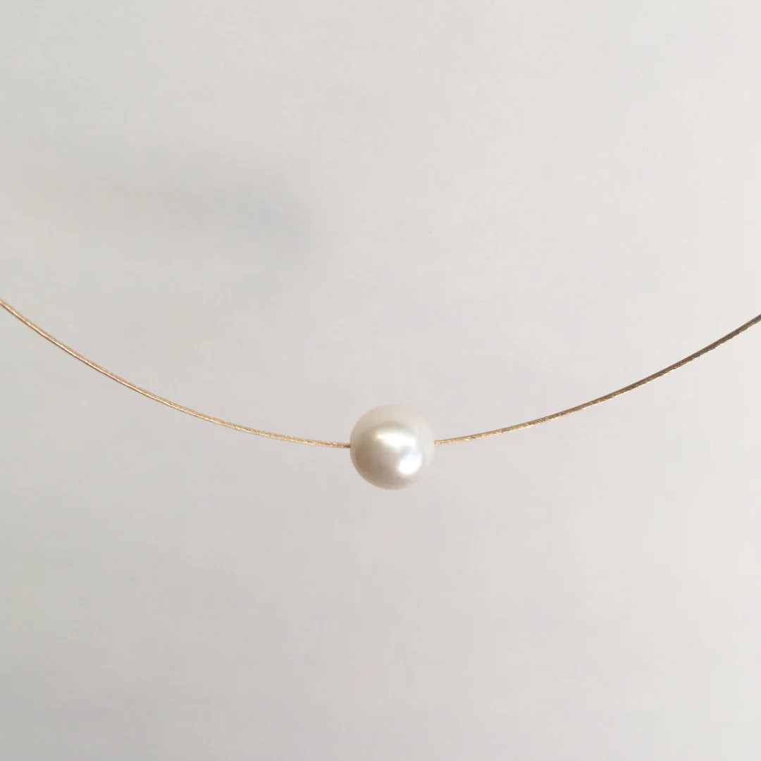 White Floating Pearl Necklace, Simple Pearl Necklace, Pearl on a Chord, Gift for Her - Etsy | Etsy (US)