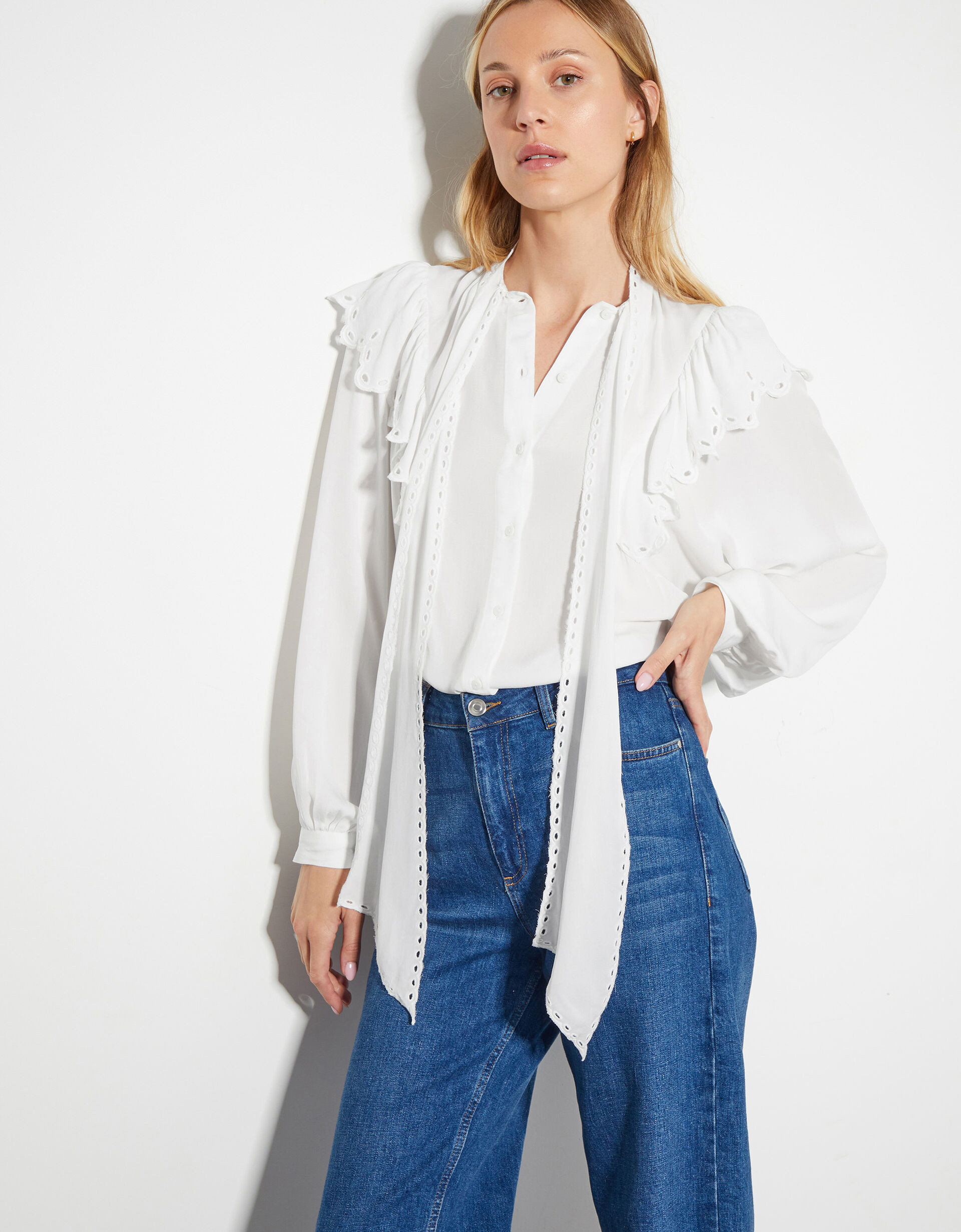 Cassie Broderie Frill Tie-Neck Blouse Ivory | Monsoon (UK)