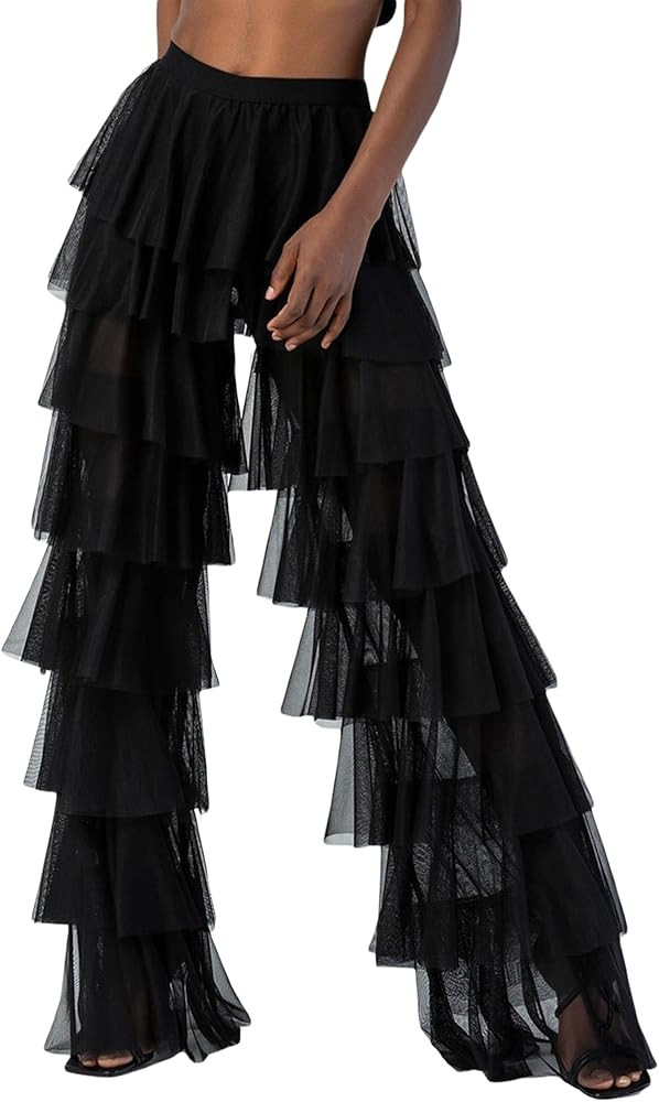 Women Layered Ruffle Tulle Pants High Waist Wide Leg Long Trousers Sheer Mesh Tiered Party Pants | Amazon (US)