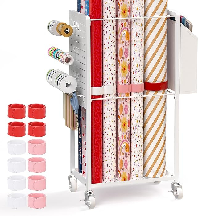 Wrapping Paper Organizer Cart with 12PCS Slap Bands, Rolling Gift Wrapping Organizer Storage Wrap... | Amazon (US)