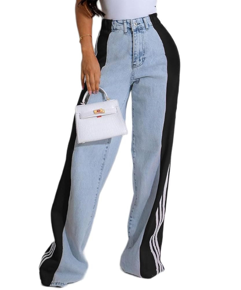 knowfashionstyle Womens Jeans High Waisted Wide Leg Patchwork Stripes Stretchy Jean Color Block S... | Amazon (US)