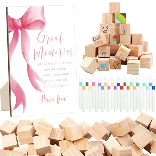 ZCPTZ 97 Pcs Pink Bow Baby Shower Games Sign Kit,Pink Bow Party Decoration,Including Game Sign 72 DIY Blank Wooden Block 24 Pen to Draw Your Idea for Baby Shower Party Game Gender Reveal Party | Amazon (US)