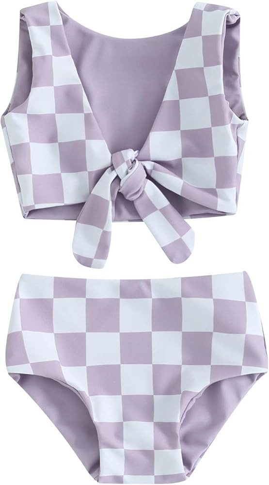 Toddler Baby Girl Two Piece Swimsuit Checkered Print Knotted Swim Top and Bottom Tankini Bikini S... | Amazon (US)